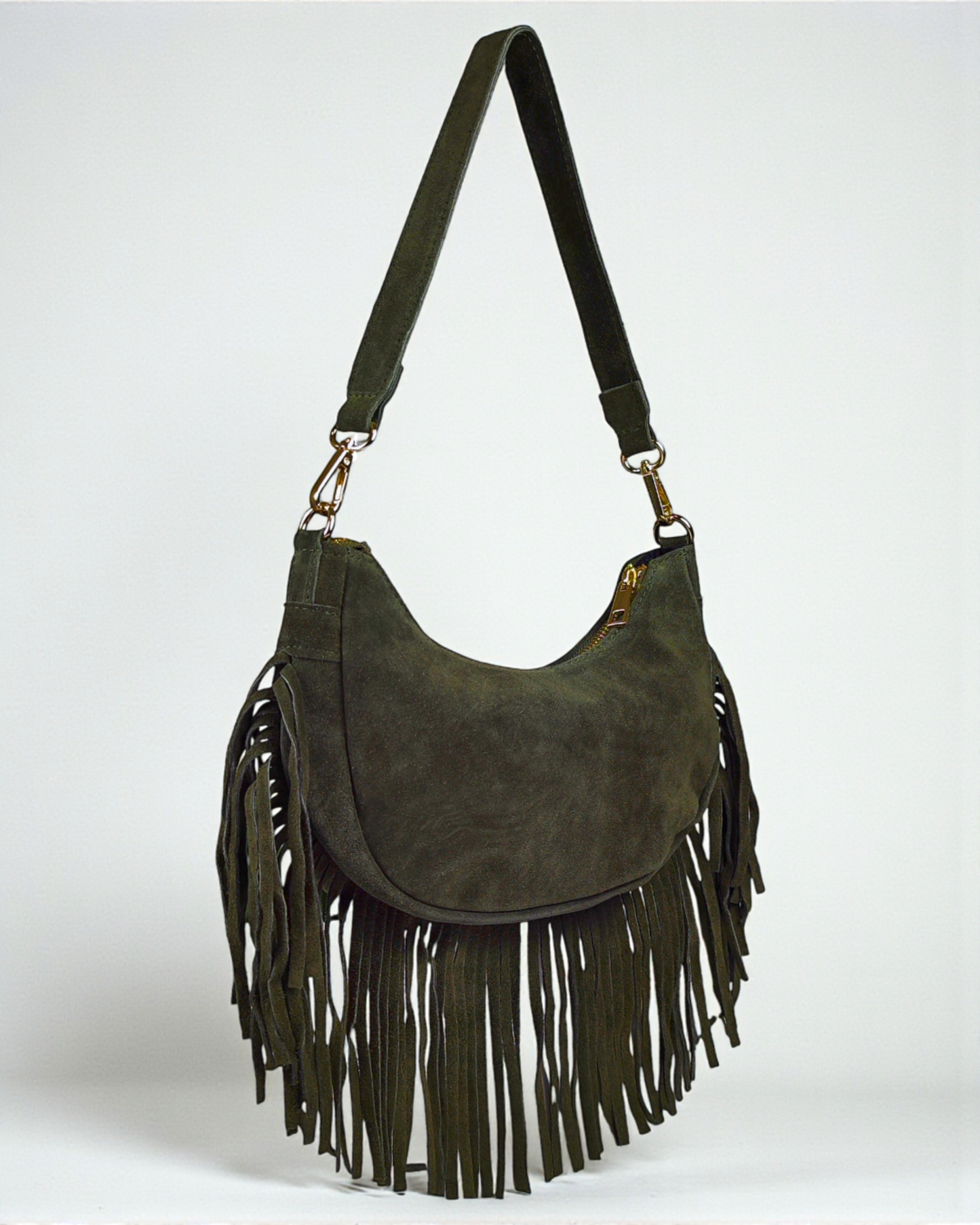 Bolsa de ombro com franjas em camurça verde azeitona "Alabama"