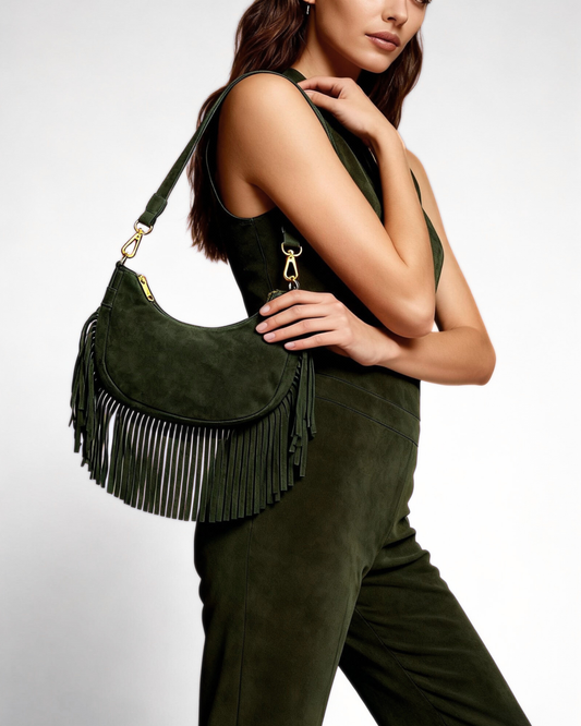 Bandolera flecos ante "Alabama" verde oliva
