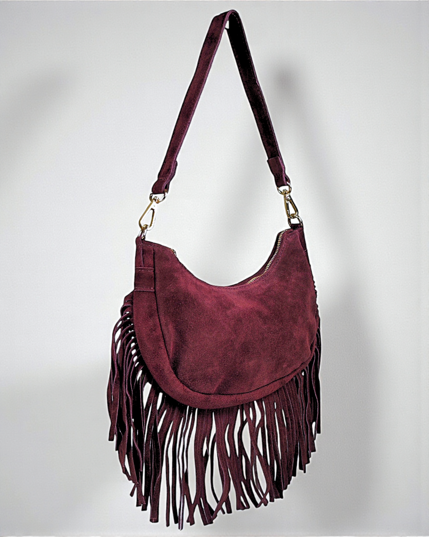 Bolsa de ombro com franjas em camurça "Alabama" cor bordeaux.