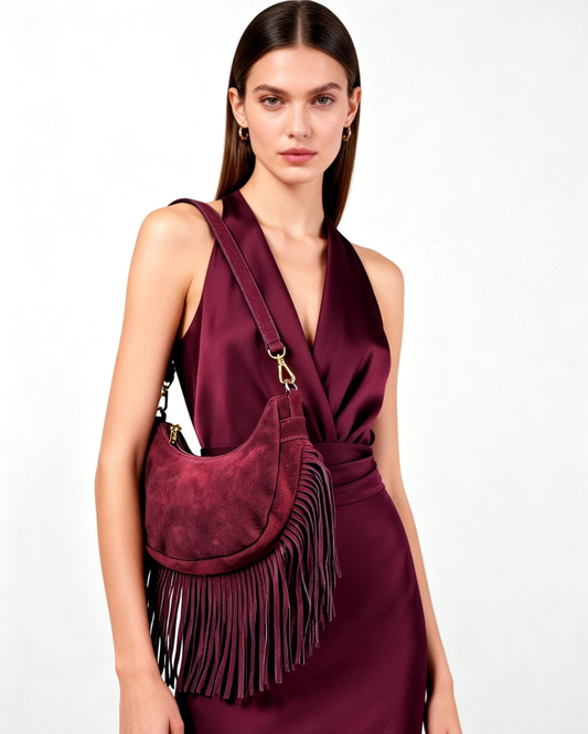 Bolsa de ombro com franjas em camurça "Alabama" cor bordeaux.