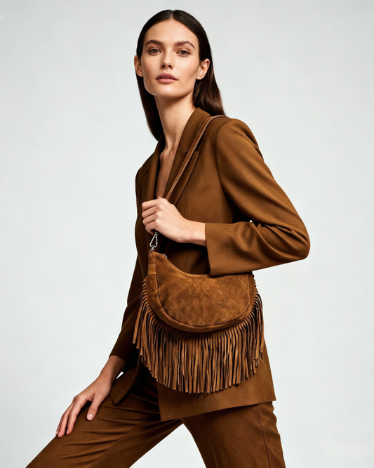 Bandolera flecos ante "Alabama" camel