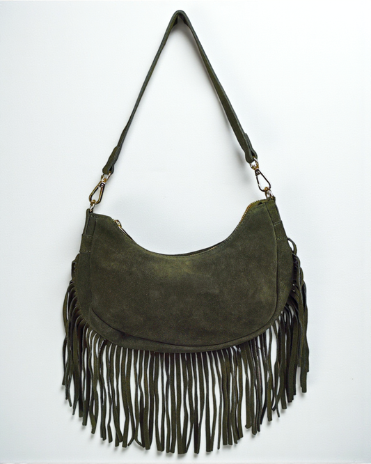 Bandolera flecos ante "Alabama" verde oliva