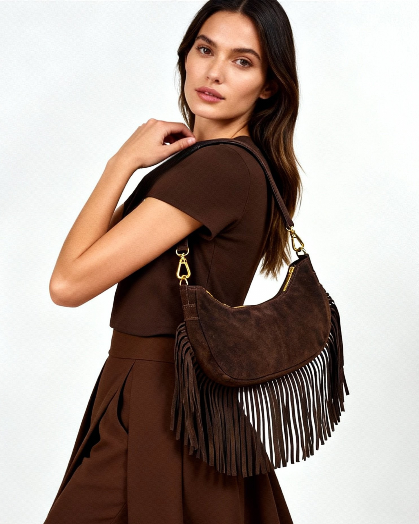 Bandolera flecos ante "Alabama" marrón chocolate