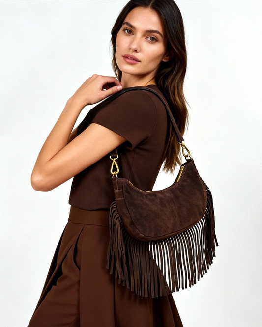 Bandolera flecos ante "Alabama" marrón chocolate