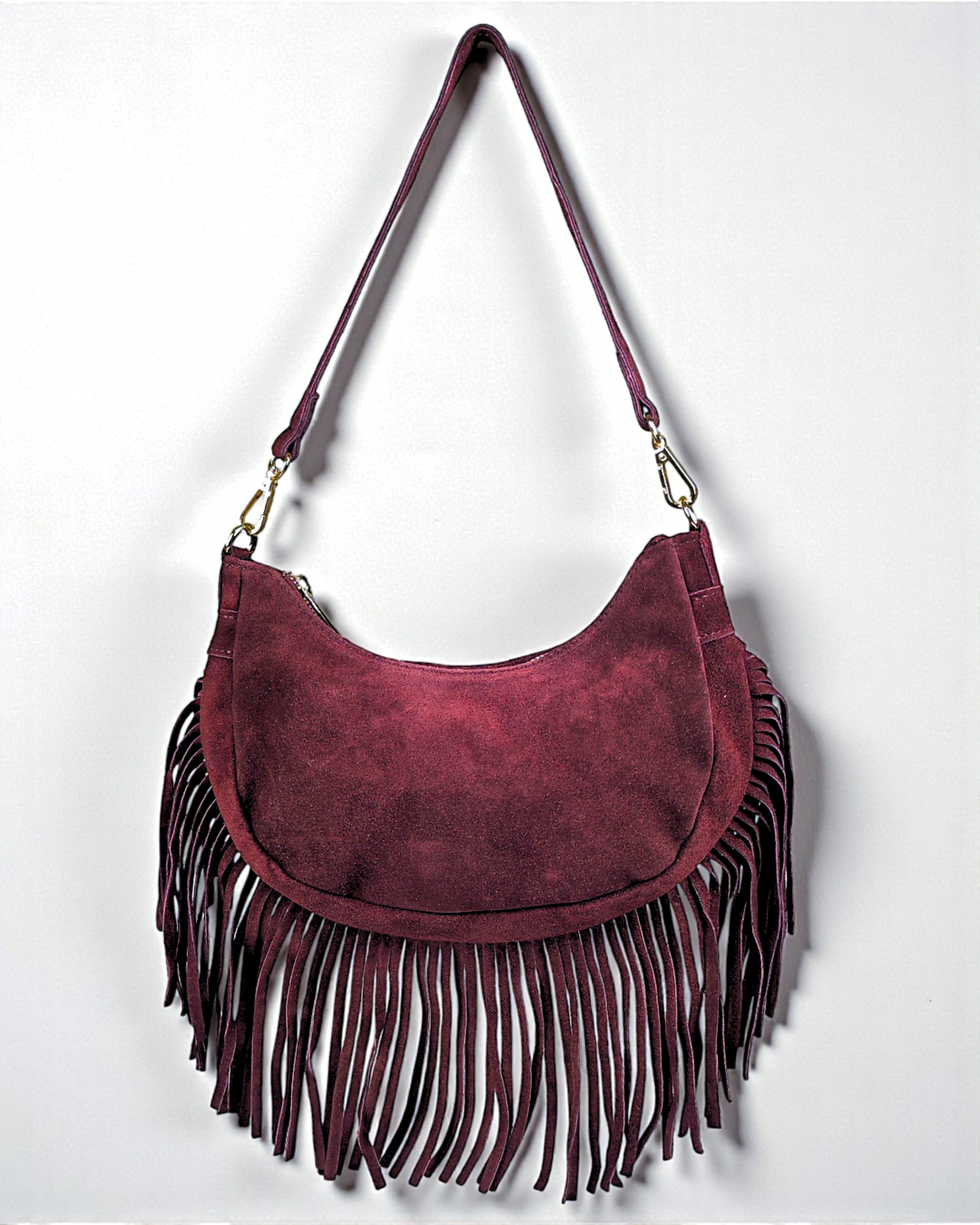 Bandolera flecos ante "Alabama" burdeos