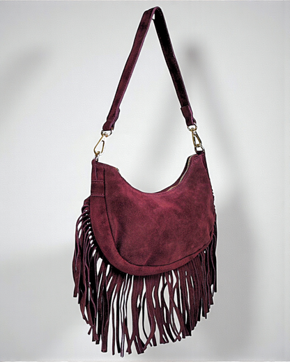 Bandolera flecos ante "Alabama" burdeos